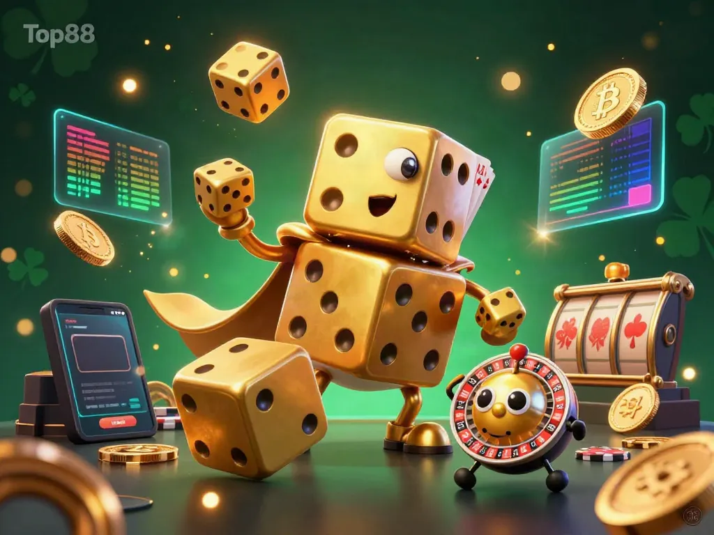Engage in thrilling games with Top88, featuring a dynamic 3D scene of dice and cryptocurrency elements.