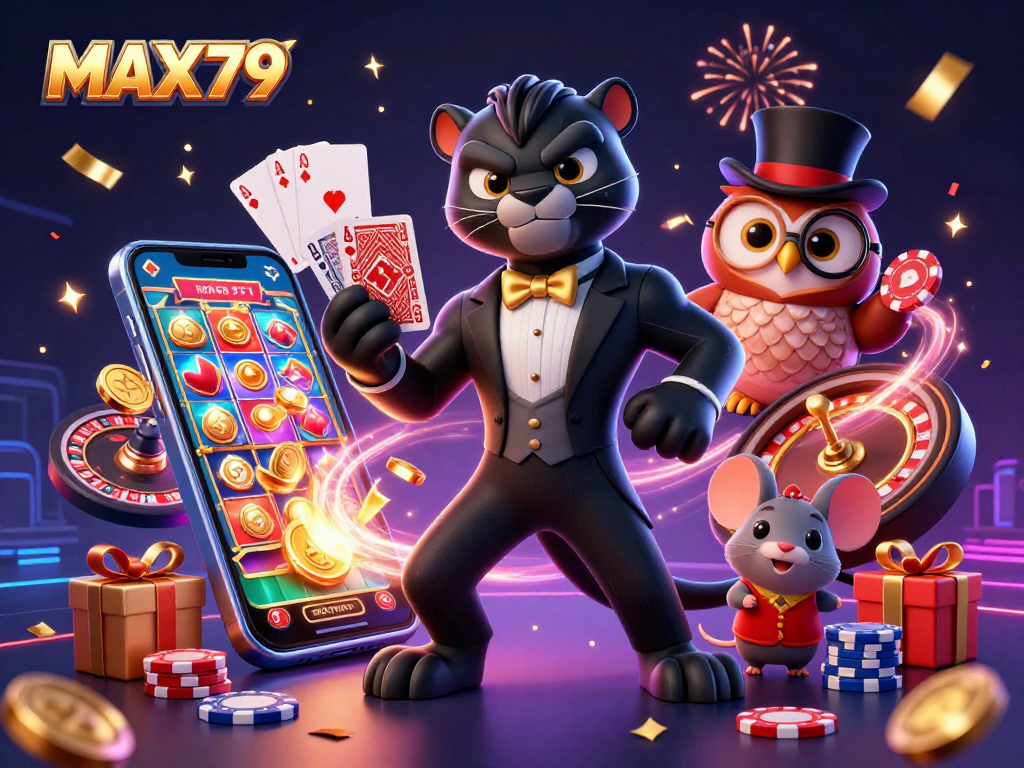 Engage in thrilling games at MAX79 with our vibrant casino illustration featuring a charming panther and friends.