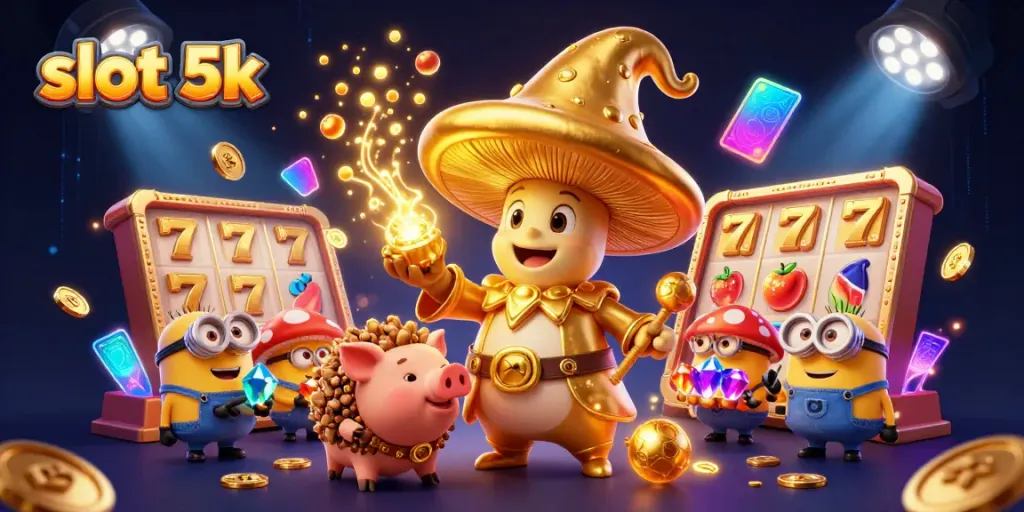 Spin and win with slot 5k in this vibrant 3D fantasy gambling illustration