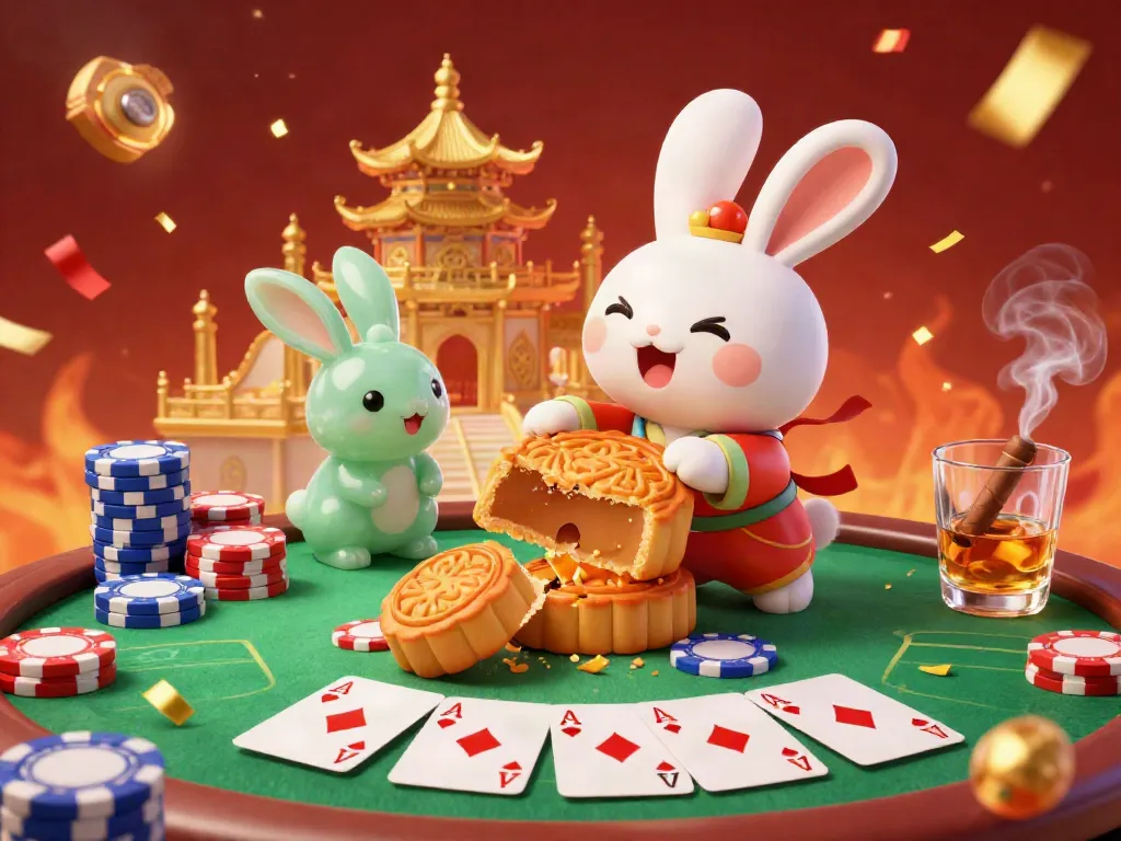 Experience vibrant action at DEBET with a moon rabbit cracking open mooncakes revealing poker chips in a lively casino atmosphere.
