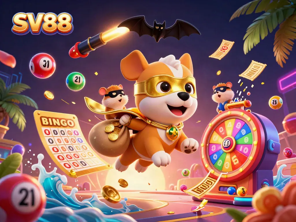 SV88 superhero dog character celebrates winning with golden coins amidst a vibrant casino atmosphere.