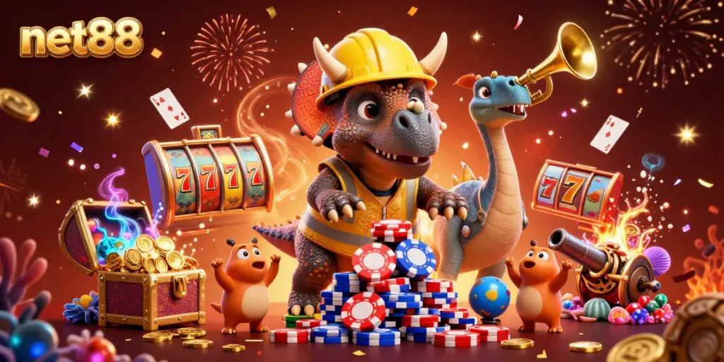 Experience thrilling games at net88 with poker chip building celebrations and vibrant casino elements.