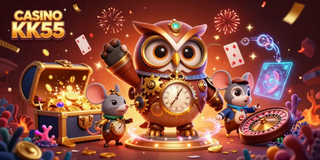 Experience excitement at CASINO KK55 with a vibrant 3D illustration of a time-traveler owl and mouse in a dynamic casino scene.