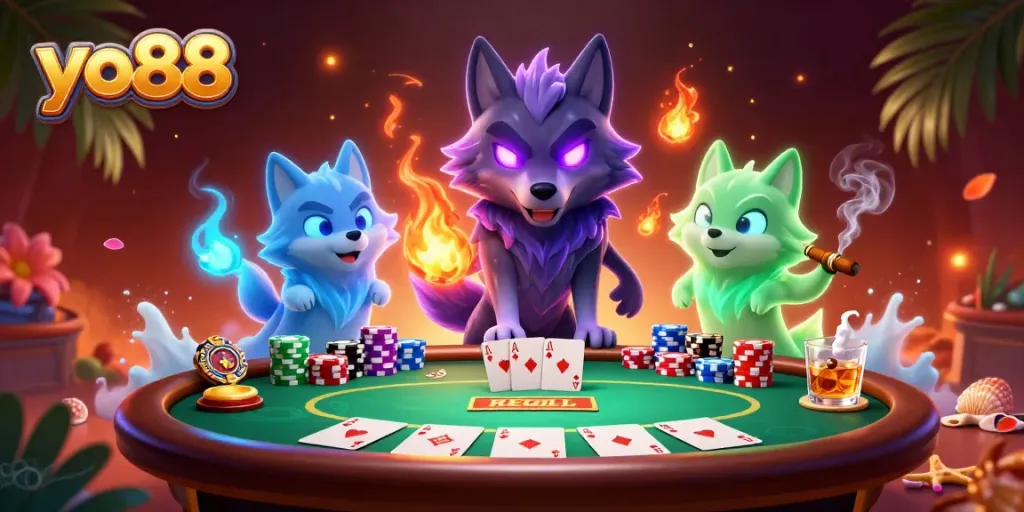 Experience thrilling gameplay with yo88 as animated wolves engage at a vibrant poker table.
