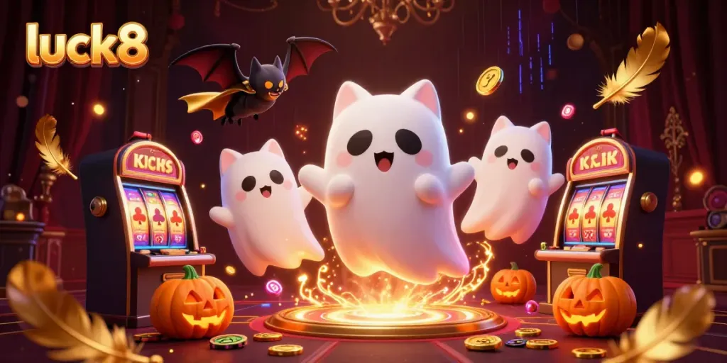 Engaging illustration of luck8 with a ghost cat in a haunted casino, featuring jackpots and neon energy.