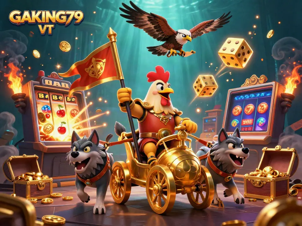 Engaging scene of GAKING79 VT with a rooster warlord and golden chariot amidst vibrant casino elements