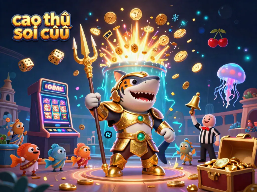Cao thủ soi cầu actions with a shark gladiator triumphing amidst a vibrant casino scene.