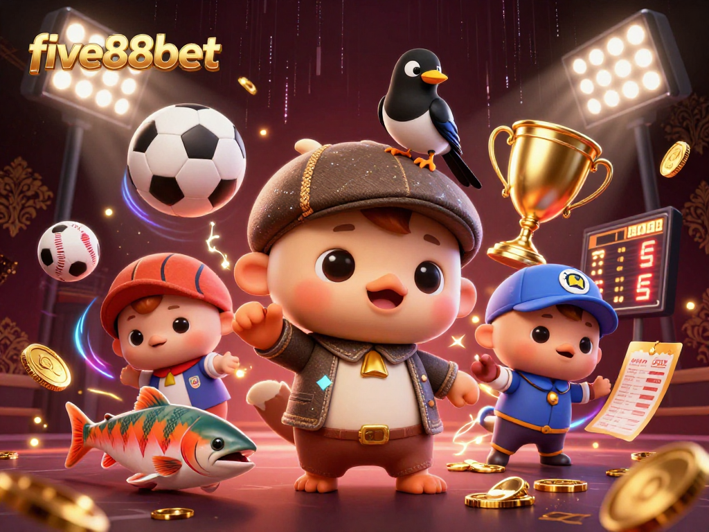 Engage with five88bet's vibrant gaming scene featuring Nessie and a magpie amidst sports excitement.