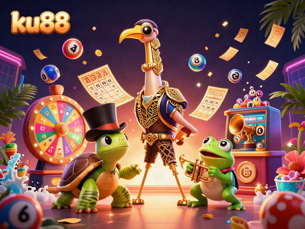 Engage in thrilling gameplay at ku88 with vibrant lottery balls and characters from a lively speakeasy.
