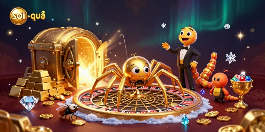 Spinning the golden web of soi cầu, a cartoon spider and croupier welcome players with riches.