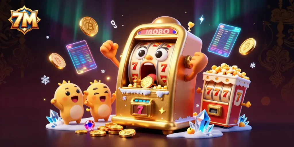 Engage in thrilling wins at 7M as an animated slot machine celebrates hitting the jackpot!
