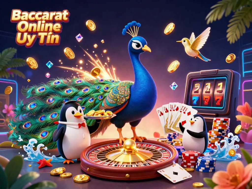 Experience Baccarat Online Uy Tín in a vibrant 3D casino scene with dynamic characters and elements.