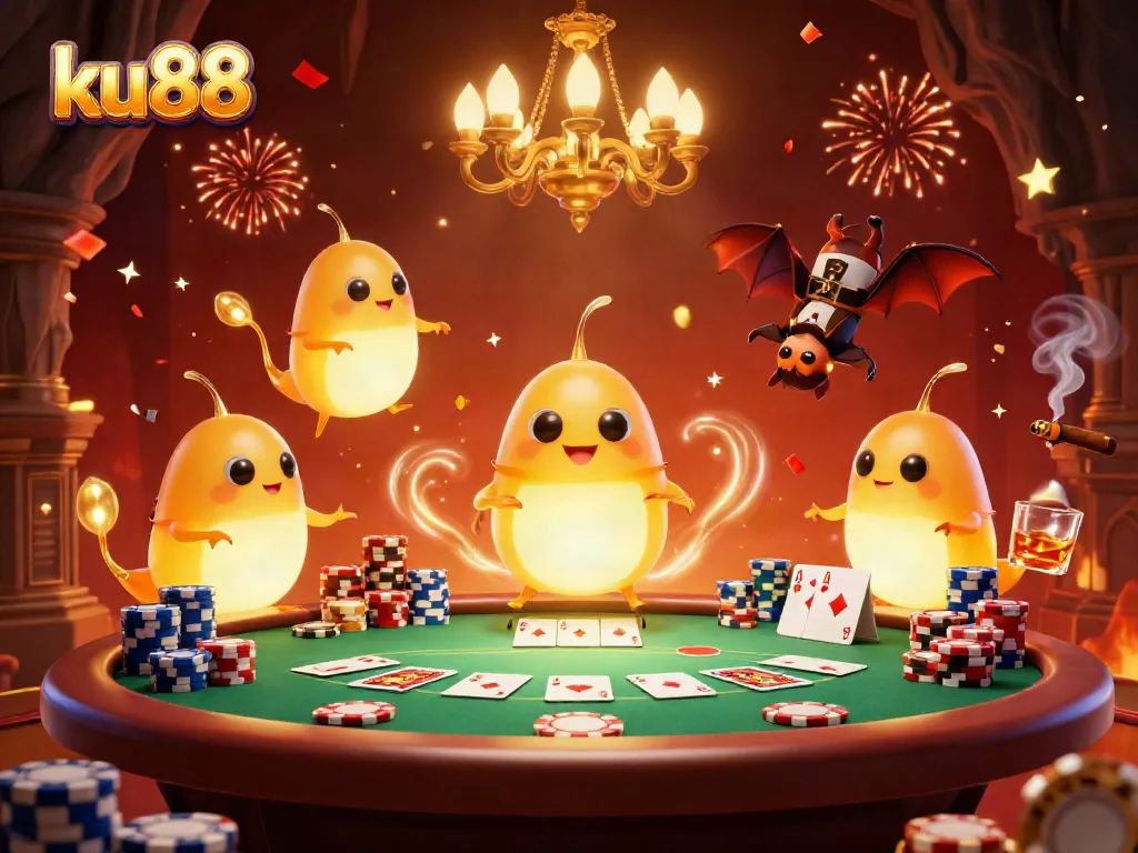 ku88-themed 3D illustration of glowing glowworms and a bat dealer in an animated casino with poker elements.