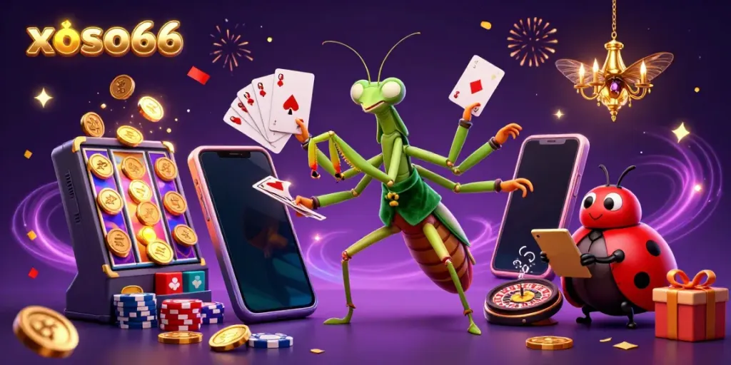 Experience excitement at xoso66 with a dynamic casino scene featuring colorful games and vibrant characters.