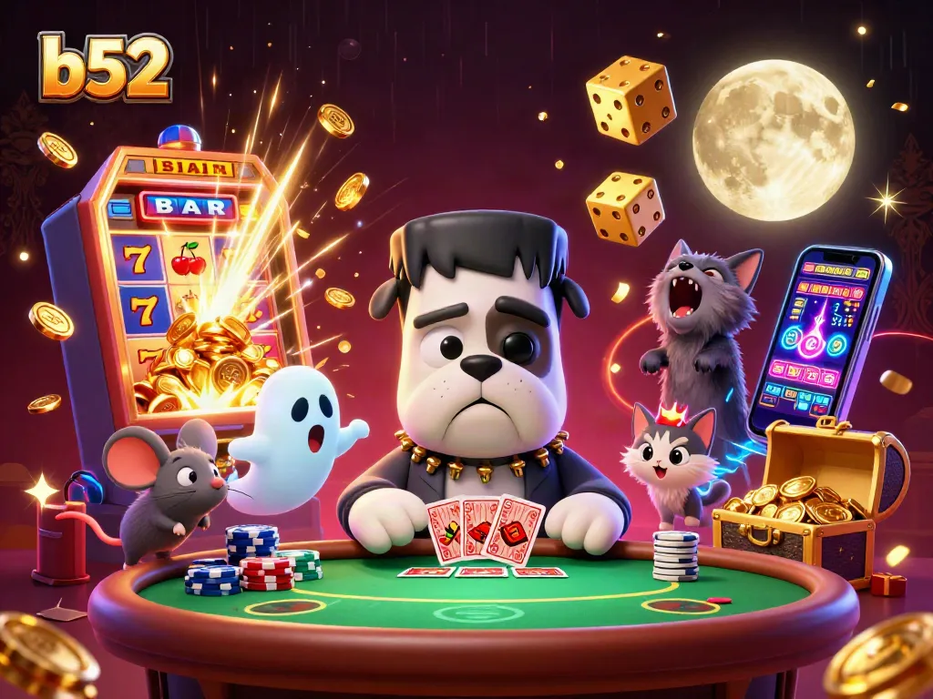 Experience the thrill of b52 gaming with lively characters dealing cards in a vibrant casino.