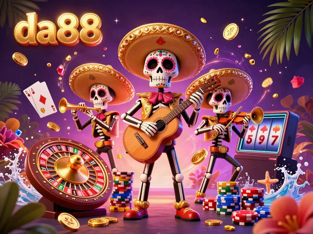 Engage players with da88’s festive mariachi-themed casino scene, showcasing vibrant slots and riches.