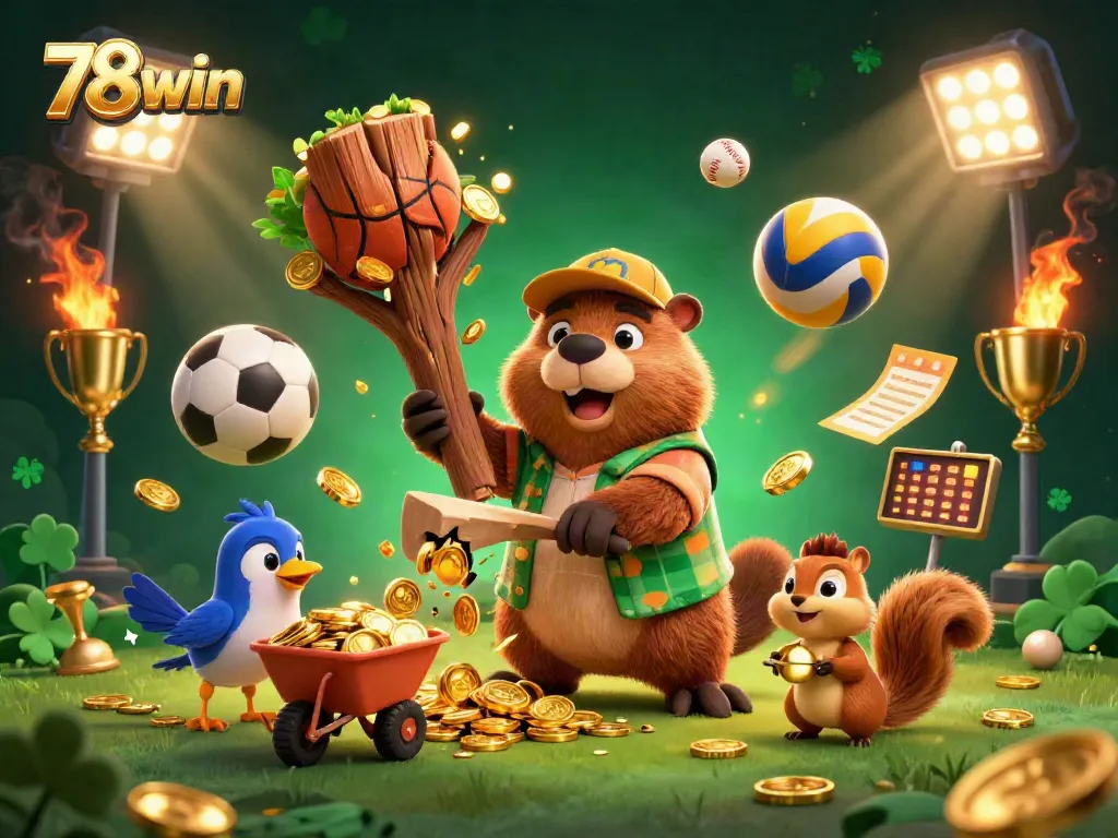 Explore vibrant action at 78win with cartoon characters celebrating a jackpot alongside sports elements.