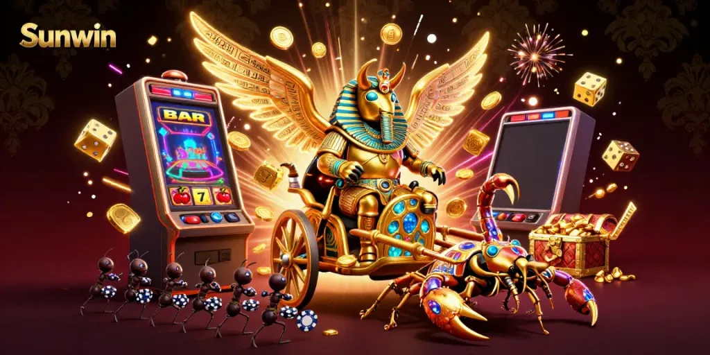 Experience winning moments with Sunwin's vibrant and dynamic 3D casino illustration featuring jackpots and gaming excitement.