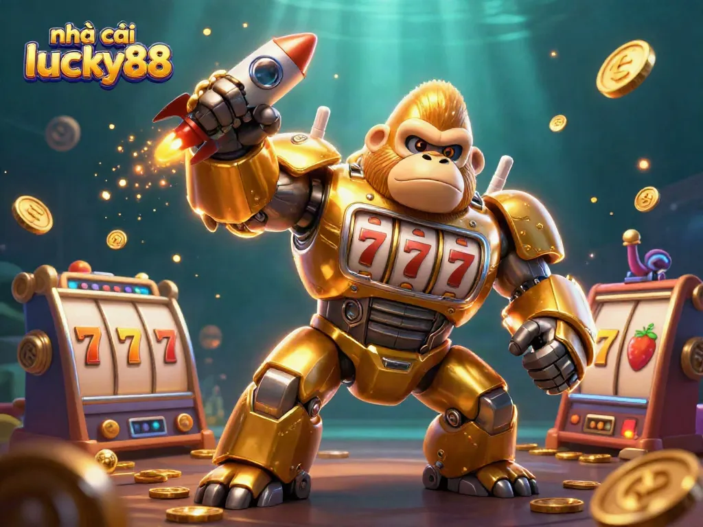 Engage with nhà cái lucky88's thrilling gameplay featuring a golden gorilla mech, slot reels, and dynamic elements.