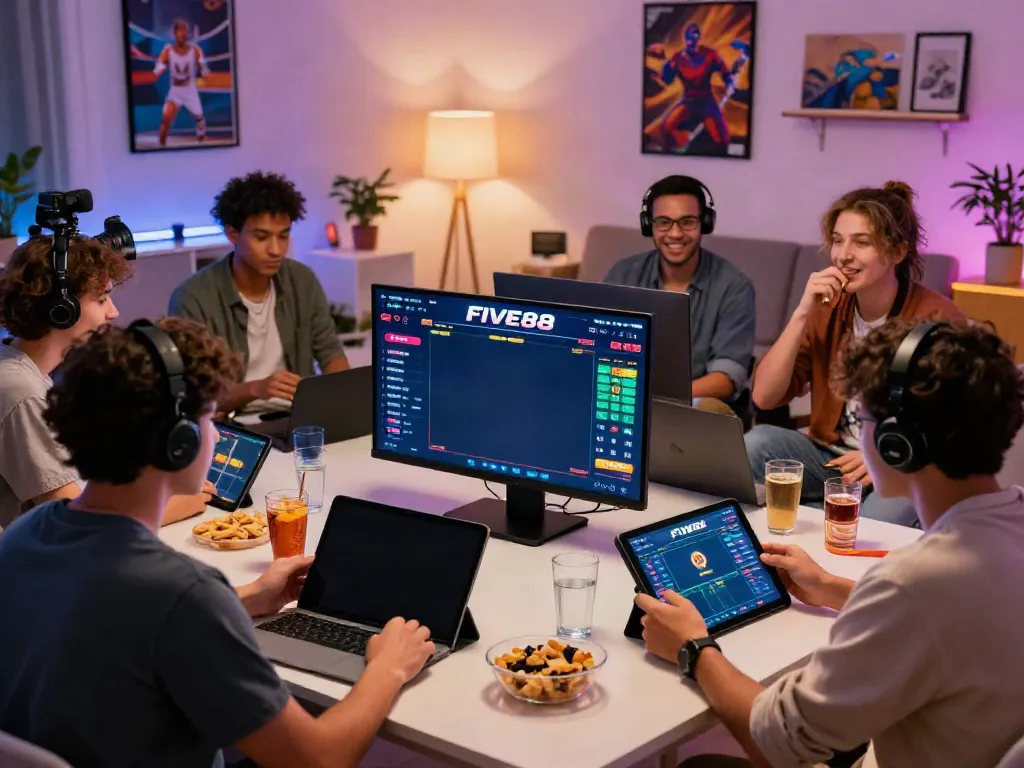 Players enjoying betting games on FIVE88 platform in a lively home setting.