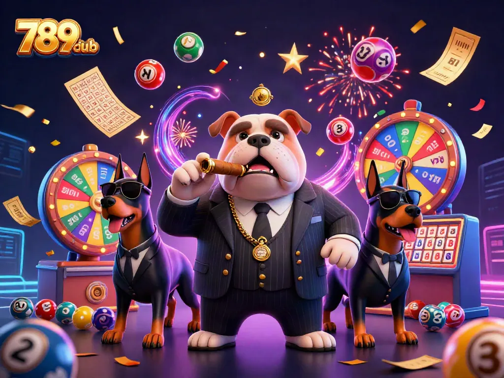 Play and win big with 789club in this vibrant casino-themed illustration featuring a 3D mafia bulldog and lottery elements.