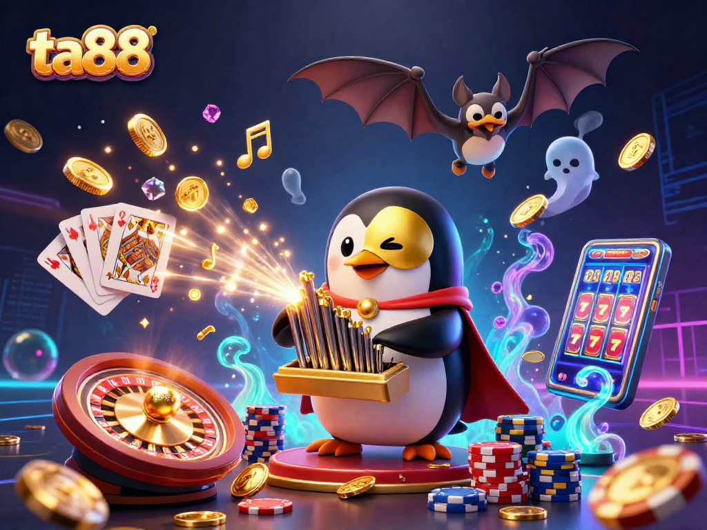 Experience the thrilling world of ta88 with a cartoon penguin and casino elements in a vibrant 3D scene.