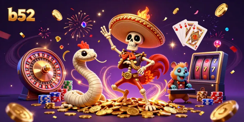 Celebrate wins at the B52 casino with a lively scene of characters dancing on golden coins, showcasing fun games.