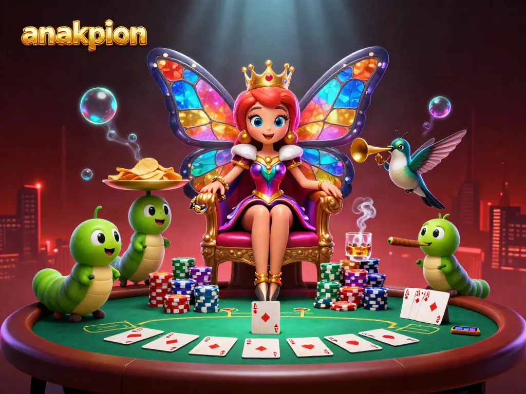 Experience the vibrant world of anakpion with a dynamic poker scene featuring a butterfly queen.
