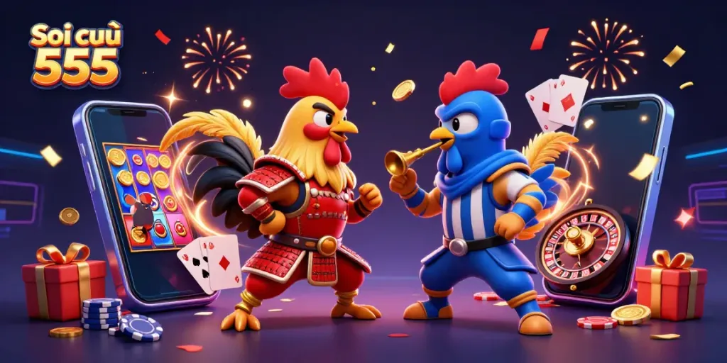 Soi cầu 555 showcases twin fighting roosters in a vibrant casino scene with dynamic game elements.