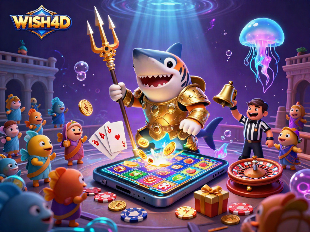 Experience the thrilling WISH4D underwater colosseum with a cartoon tiger shark and dynamic slot game elements.
