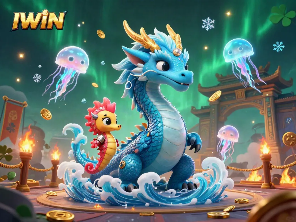 IWIN's vibrant gaming scene featuring mythical characters and dynamic casino elements, showcasing slots and betting.