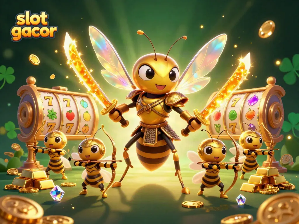 Engage with slot gacor by spinning vibrant reels surrounded by dynamic characters in an enchanting casino scene.