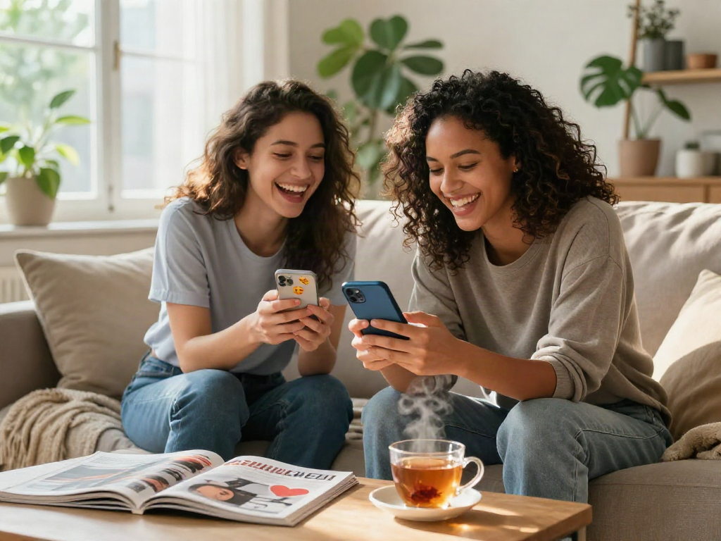 Two friends enjoying a conversation on ai sexting in a cozy living room.