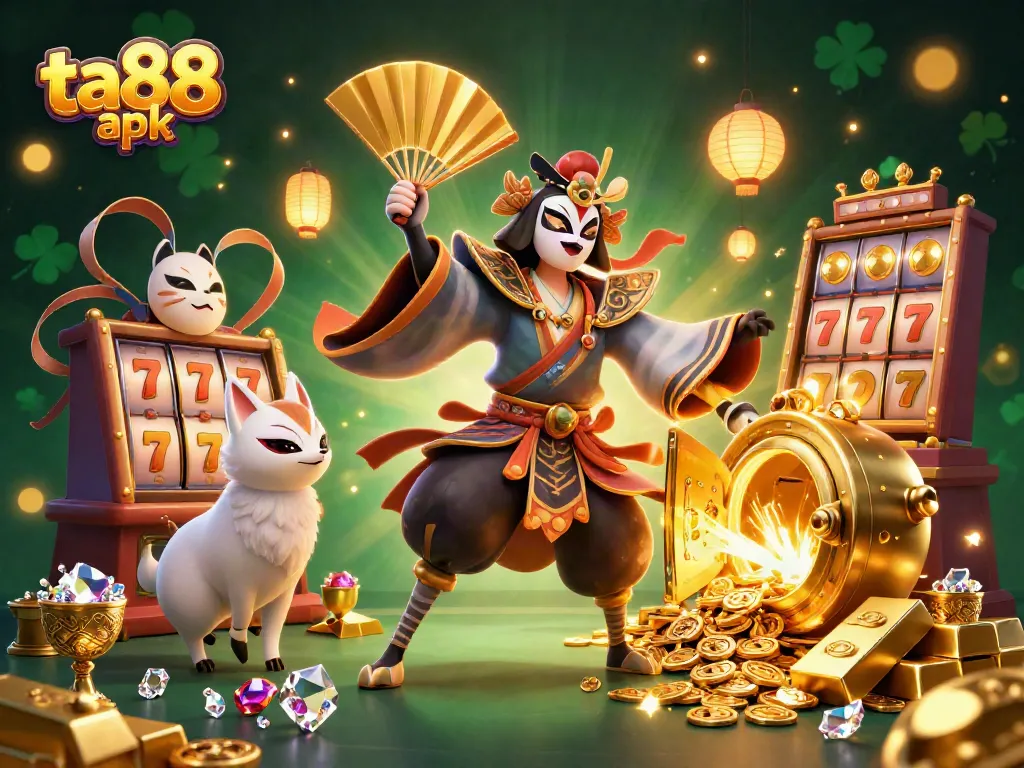 Engage with thrilling ta88 apk gameplay featuring kabuki warrior and lucky elements in a vibrant casino scene.