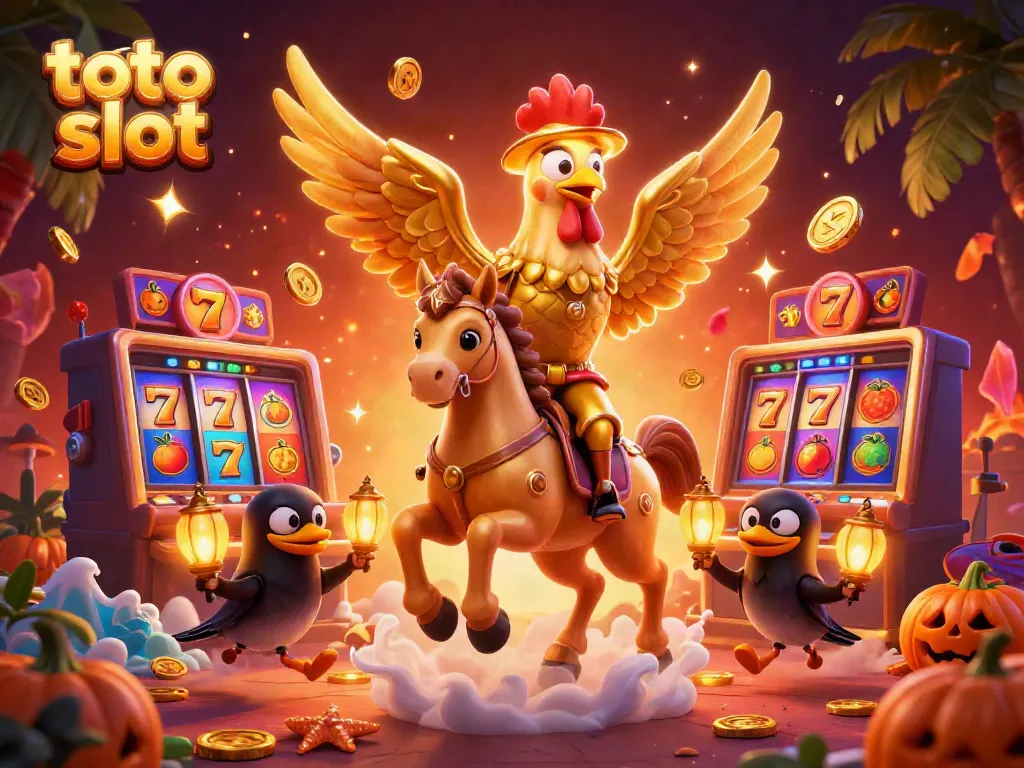 Engage with the vibrant toto slot scene, featuring a golden rooster and magical slot machine elements.