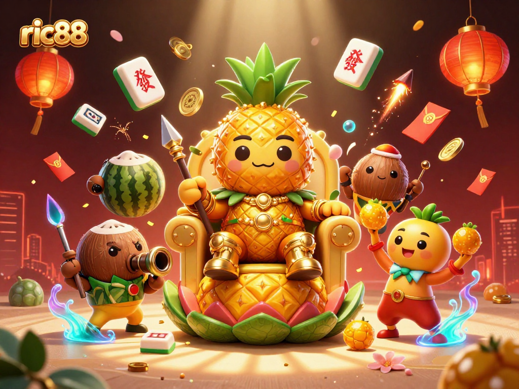 Experience the enchanting ric88 casino world with the golden pineapple king, festive decorations, and vibrant game elements.