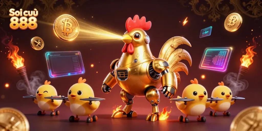 Soi cầu 888 showcases a vivid digital scene with a golden rooster robot and baby chick drones, symbolizing the excitement of lottery and gambling.