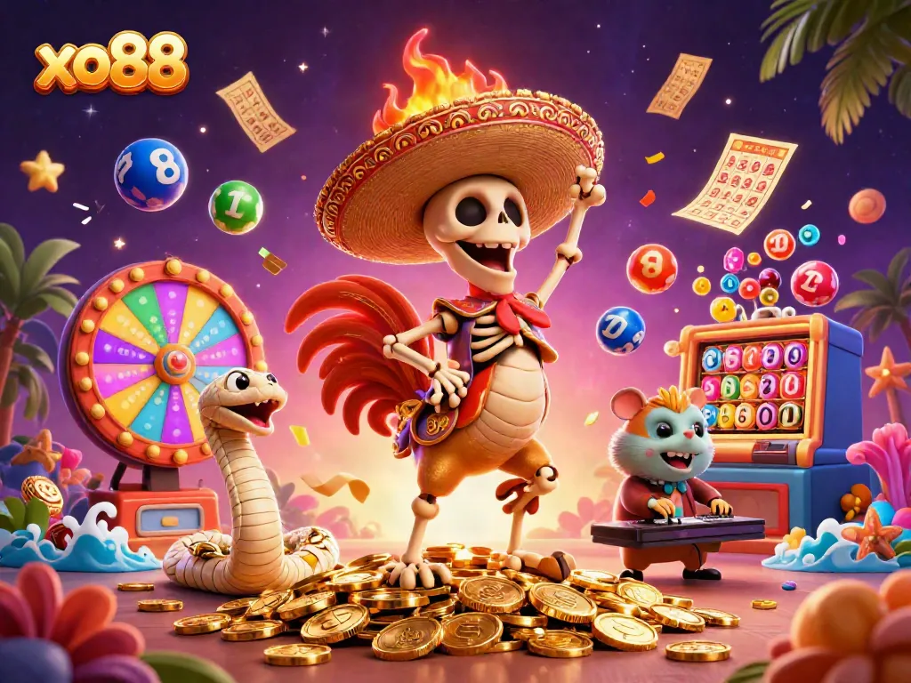 Engage in thrilling gameplay at xo88, with characters celebrating over flying lottery balls and vibrant casino elements.