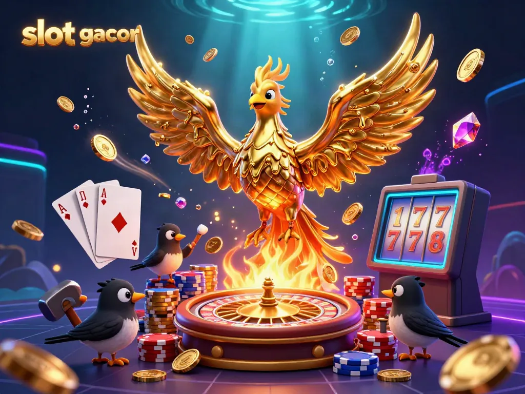 Experience the thrill of slot gacor with a golden phoenix and flying coins in a dynamic casino scene.
