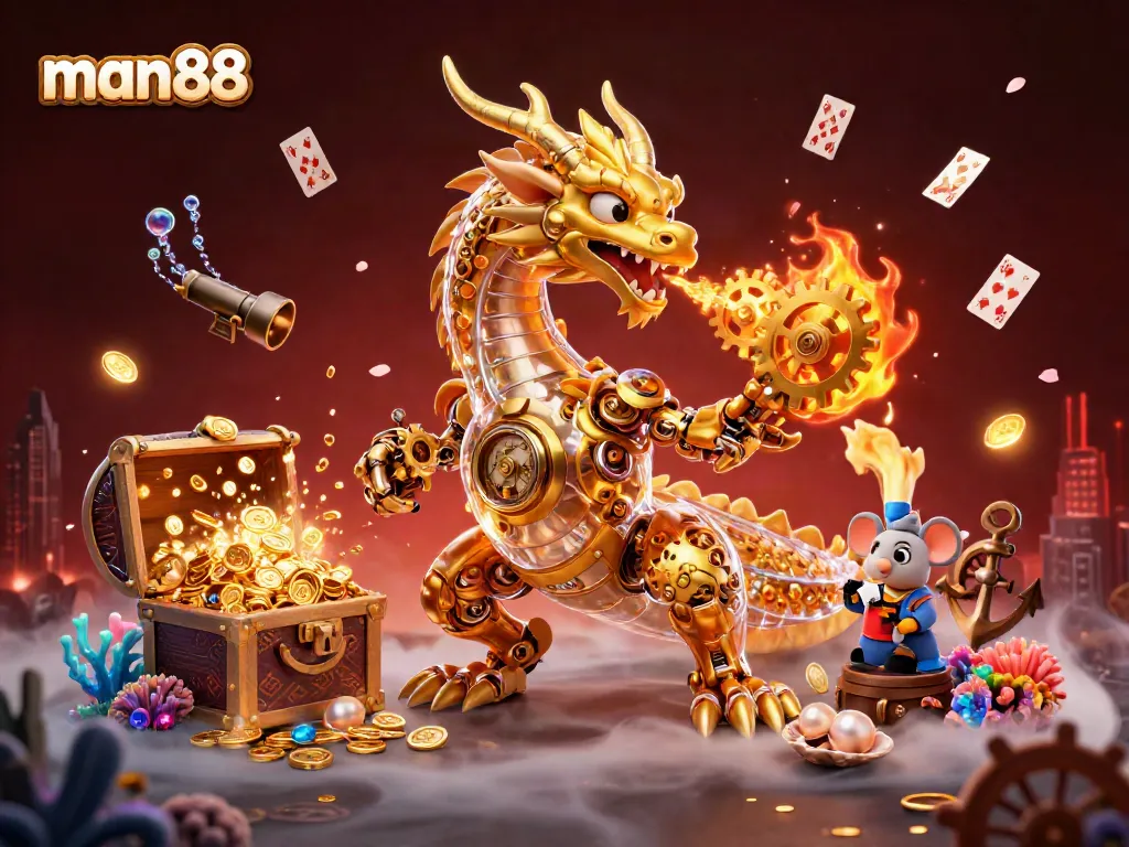 Experience thrilling wins at man88 with a captivating dragon scene filled with gold and treasure