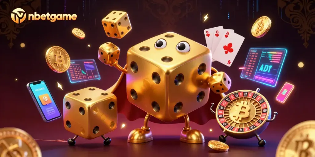 Engaging nbetgame illustration showing a golden dice golem juggling dice while surrounded by vibrant crypto-themed elements.