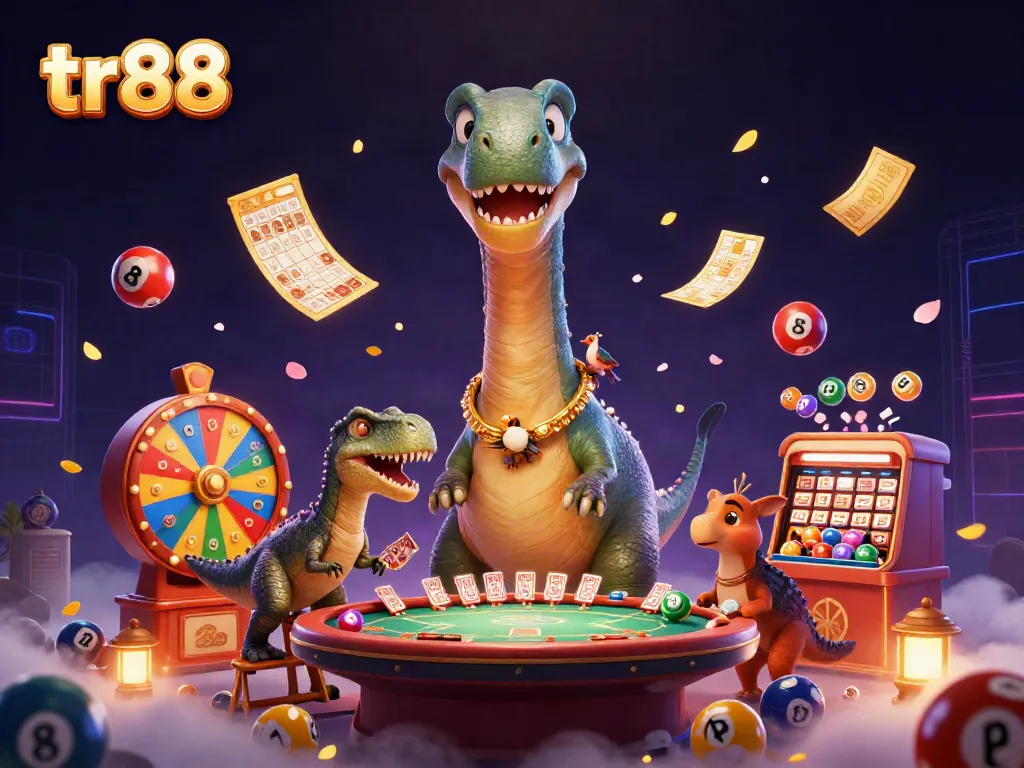 tr88 vibrant online casino scene with a giant brontosaurus, clever raptor dealing cards, and colorful lottery elements