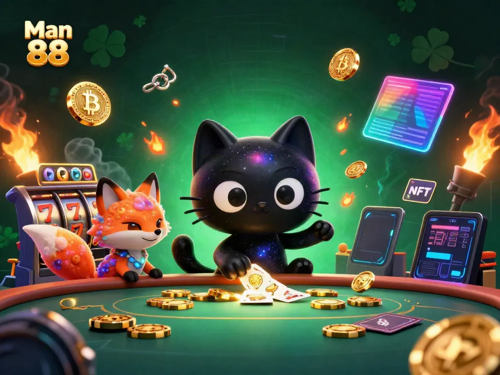 Engage with the cosmic vibe at Man 88, featuring a black hole cat and colorful fox in a dynamic casino scene.